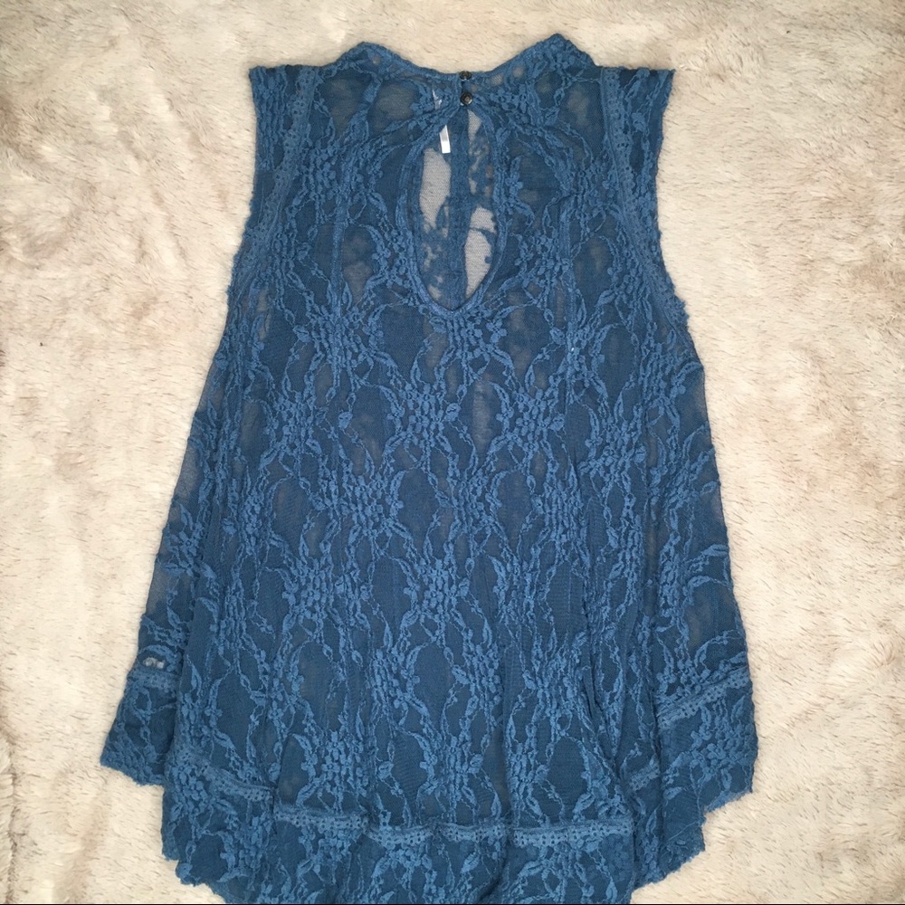 Free People Sheer Blue Floral Boho Sleeveless Top Size Small Cute Hippie - Picture 6 of 8